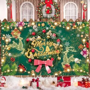 Merry Christmas Banner Backdrop, Large Fabric Christmas Banner Background Sign Outside Decor, Green Elk Garland Xmas Banner Backdrop Photo Props for Christmas Wall Party New Year Winter Decorations