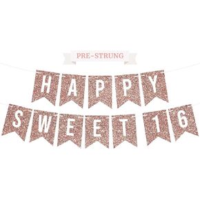 Pre-Strung Happy Sweet 16 Birthday Banner - NO DIY - Rose Gold Glitter Sweet Sixteen Party Banner - Pre-Strung Garland on 6 ft Strands - Rose Gold Birthday Party Decoration. Did we mention no DIY?