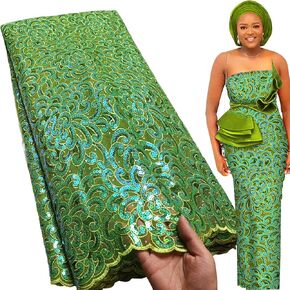 Bestway Lace Army Green Mesh African Lace Fabric French Floral Army Green and Teal Sequins Embroidered Fabric With Rhinestones Nigerian Wedding Asoebi Dress Material 5 Yards