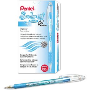 قلم جل معدني من Pentel Sunburst، طرف 0.8 مم يكتب خط 0.4 مم، حبر وردي/أسطواني شفاف، صندوق من 12 قطعة (K908-MP)