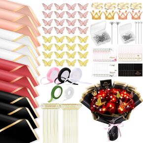YONSNOW 40 Sheet Flower Wrapping Paper with String Light & 241Pcs Bouquet Accessories, Waterproof Florist Packaging Paper for Bouquet Wedding Birthday Anniversary Packaging Gift