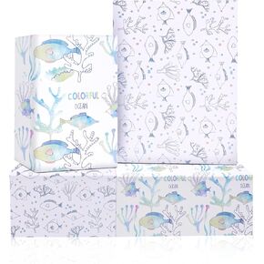 Ocean Wrapping Paper 8 Sheets Watercolor Cute Fish Coral Design Under the Sea Blue Gift Wrap Art Paper for Baby Shower,Birthday - 19.6"×27.5"