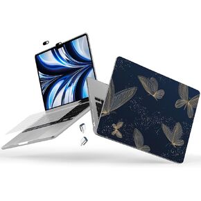 مصمم لجهاز M3 M2 MacBook Air 15 بوصة A3114 A2941، حافظة كمبيوتر محمول رفيعة للغاية لجهاز 2024 2023 MacBook Air 15.3 بوصة مع غطاء لوحة المفاتيح ومحول USB وغطاء كاميرا الويب، فراشات ذهبية