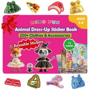 Dino Fun Animal Dress-up Sticker Book for Kids, Reusable Sticker Book for Toddlers 2-4 Years,12 Animals+Over 200 Cloths & Accessories,Sticker Dress up - Removable Sticker Activity Book for Girls
