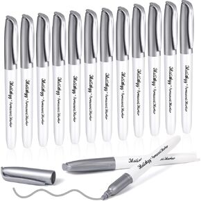 12 Pcs Metallic Permanent Markers Bulk Gold Silver Metallic Marker Pens Fine Point Metallic Markers Metallic Paint Markers for DIY Crafts, Gift Card Making, Artist Illustration (Silver)
