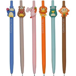 Maydahui 6 PCS Cute Cartoon Animal Rollerball Pen Retractable Lion Carrot Rabbit Penguin Bear Monkey Style Black Gel Ink for School Students Party Office