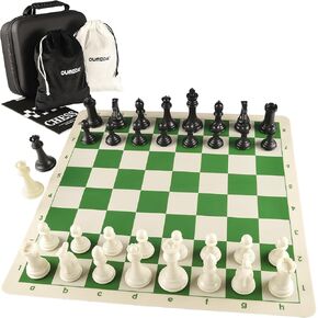 4" King Tournament Chess Set Foldable 20" Silicone Chess Board Mat with 2.2" Squares Green Color, Weighted Chess Pieces- 2 Extra Queens, Carrying Case for Storage and Travel
