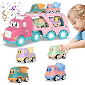 SHAWE 5 in 1 Toys Cars for 3 4 5 6 Years Old Toddlers Boys Girls Gifts, Transport Truck Toys with Sound & Light, Cute Pull Back Cars Vehicle Carrier Truck Set for Kids Birthday Christmas