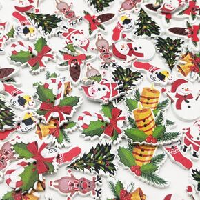 100 Pieces Wooden Christmas Buttons for Crafts Wood Christmas Craft Buttons Bulk Assorted Shapes Christmas Button for Crafting