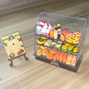Miniature Bakery Cabinet Cake Cabinet Food Drink Bottles Milk Bread Apple Pie Pretend Play Kitchen Game Party Toys (Display Cabinet)