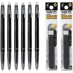 Pilot Frixion Ball Knock Retractable Erasable Gel Ink Pen - 0.38 Mm - Black Ink - Total 6 Pens & 6 Refills Set