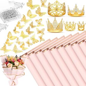 Seajan 193Pcs Graduation Flower Bouquet Accessories, 40 Flower Wrapping Paper 5 Mini Crowns 48 3D Gold Butterfly Wall Decor and 100 Corsage Bouquet Pins for Women Graduation Wedding Birthday(Black)