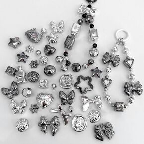Randomly Mixed Shapes Y2K Beads For Bracelets Making Large Acrylic Beads For Crafts Cute Beads Spacer Beads Black Silver Bow Heart Star Jewelry Beads Unique Aesthetic Beads For Jewelry Making Supplies