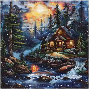 Xinpinzhou Creek Landscape 11ct Cross Stitch Kits, 11 CT Funny Pre Printed Counted Stamped Cross Stitch Embroidery Needlepoint Needlework Patterns Kits for Beginners Adults Crossstitch 40x40 cm