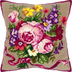Brvsk Floral Embroidery Kit for Adults and Beginners — Classic Bouquet 16″ × 16″ with Clear, Precise Printed Design on Cotton Canvas; Includes 2 Needles, Yarn, and Easy-Read Chart