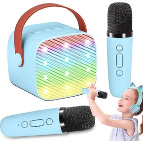 Mini Karaoke Machine for Kids Adults, Portable Karaoke Machine,Bluetooth Speaker with 2 Wireless Microphones and LED Lights, Birthday Gifts for Girls Ages 4, 5, 6, 7, 8, 9, 10, 12+ (Blue)