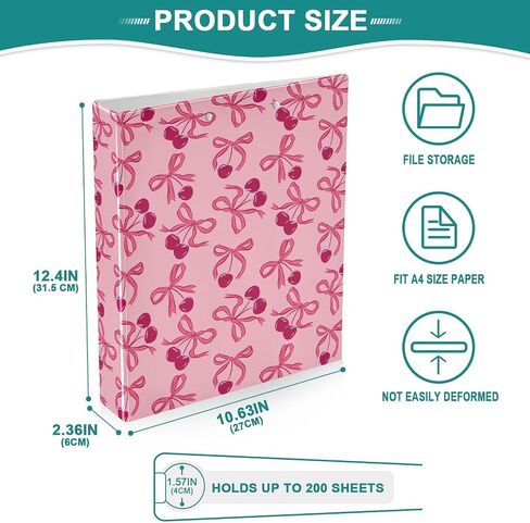 3 Ring Binder Cherry Bow 1.5 Inch Binders Letter Size Cute Decorative Hardcover with 3 Interior Pockets Y2K Preppy Pink Binder Organizer for Home School Office Supplies in Saudi Arabia