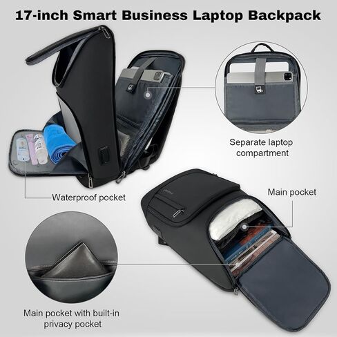Laptop Backpack for Men, Waterproof Business Travel Backpack 17-inch Slim Computer Daypack fits Office Work Airplane Daily College with Luggage Sleeve, USB Charging, Black in Saudi Arabia