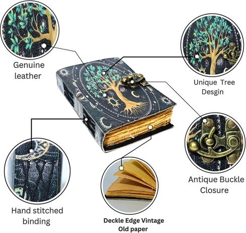 صناعة يدوية، مجلة جلدية عتيقة مصنوعة يدويًا، تصميم شجرة الحياة، ورق حافة عتيق، قفل للإغلاق، دفتر رسم فاخر in Kuwait