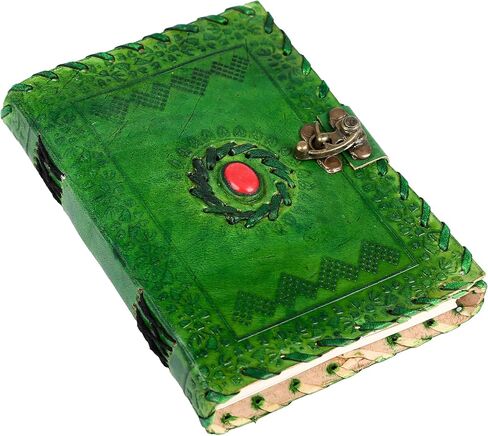 TUZECH دفتر كتابة كبير للظلال مصنوع يدويًا من الجلد مجلة عتيقة للنساء والرجال مع قفل وهدية من الأحجار شبه الكريمة للفن، مذكرات سفر لكتابة 7 × 5 بوصات (أخضر) in Saudi Arabia