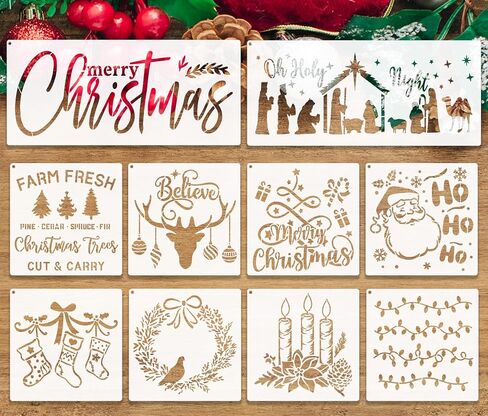 10 Pieces Christmas Stencils for Painting on Wood, Holiday Drawing Stencils for Crafts Reusable, Plastic Painting Spraying Template for DIY Walls Fabrics Window Art and Christmas Decoration Xmas Decor in Saudi Arabia