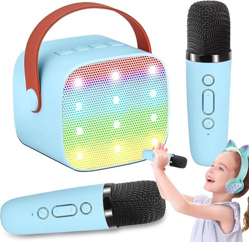 Mini Karaoke Machine for Kids Adults, Portable Karaoke Machine,Bluetooth Speaker with 2 Wireless Microphones and LED Lights, Birthday Gifts for Girls Ages 4, 5, 6, 7, 8, 9, 10, 12+ (Blue) in Saudi Arabia