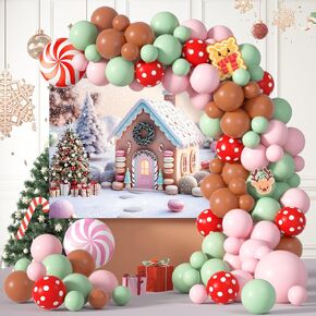 Cute Pink Christmas Balloons Garland Arch Kit with Christmas Backdrop/Different Sizes & Color Balloons or Christmas Foil Balloons/Marquee Christmas Cane and Elk Decor Board for Christmas Decorations