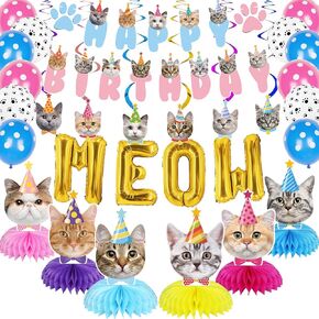 Cat Birthday Party Supplies Cat Birthday Party Decorations, Cat Themed Birthday Party Supplies Includes 1 Birthday Banner, 6 Cat Honeycomb Centerpieces, 6 Hanging Swirls with 6 Cat Cutouts Decorations, MEOW Letter Balloons and 12 Balloons
