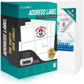 Colemoly 3.33x4 in Labels - 500 Sheets 6 Label Stickers Paper for Inkjet/Laser Printer 3000 Blank Matte White Address Labels for Mailing, Shipping, and Organizing