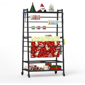 Ribbon Holder Organizer Rack, Double-Sided Ribbon Storage Organizer with Wheels, 16 Tier Metal Large Capacity Ribbon Holder Rack for Craft Room, Movable Scarf Towel Holder