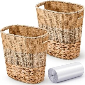 2 Pcs Wicker Trash Can with 50 Small Trash Bag Wicker Waste Woven Basket with Handles Clear Multi Use Garbage Bags for Bathroom Kitchen Bedroom