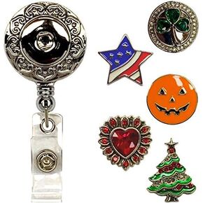 Snap Charm Premium Decorative Badge Reel - Retractable ID Holder with Belt Clip and 5 Snap Charms Jewelry Set (OH Holiday)