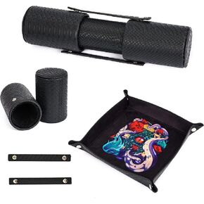 3 in 1 DND Dice Tray with Two Dice Cup Set, PU Leather Portable Folding Dice Rolling Tray for RPG Board Games and Pub Party Games