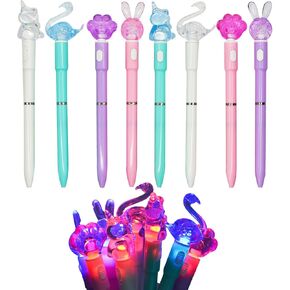 Maydahui 8 Pcs Cute Crystal Animal Pens with Built in LED Light Twistable Luminous LED Light Up Pens Cat Paw Pens Bunny Flamingo Unicorn Pens Blue Ink for School Office Party