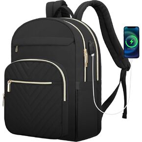 DTTO 15.6 Inch Laptop Backpack for Women, Travel Backpack with USB Charging Port, Fashion Work Computer Bags for Nurse Teacher, Waterproof College Backpack Casual Daypacks, Black