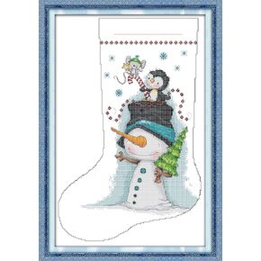 CaptainCrafts Cross Stitch Kit for Adults Stamped Cross Stitch Pre-Printed Fabrics Cross Stitch Embroidery Kits for Adults Beginners Home Decor (Stamped 11CT, Christmas Stocking Snowman White)