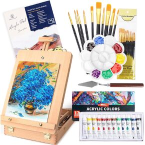 WOWOSS Tabletop Art Easel Box Set, 40PCS Painting Kit for Adult Artists & Beginners, Easel Stand with 24 Acrylic Paints, 3 Canvas Panels, Brushes, for Indoor & Outdoor Use, Painting & Sketching