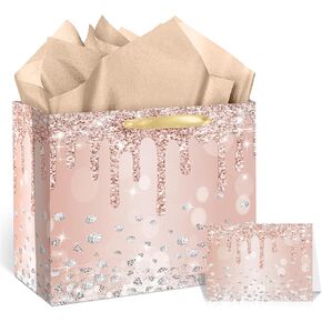 Large Rose Gold Gift Bags Christmas Gift Bag with Cards Tissue Paper for Women Girls Wrapping Paper Bag Present Bag with Handles for Wedding Birthday Anniversaries Bridal Showers Party Supplies
