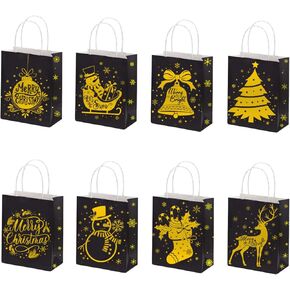 32 Pcs Christmas Gift Bags with Handles, Small Xmas Gift Bags Bulk in 8 Styles for Christmas, Holiday and Party, 8.7"x6.3"x3.2" Black and Gold Glittered bags