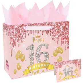 Meliatomia Rose Pink 16 & Sweet Happy 16th Birthday Gift Bag for Girls, Sweet 16 Years Old Birthday Gifts Decorations for Girls, 16th Birthday Gift Bag Card Ideas for Granddaughter Daughter