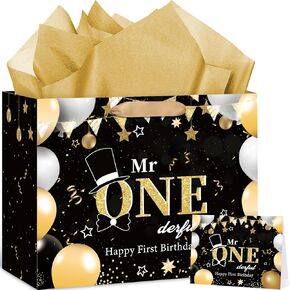 Blue Mr. Onederful Birthday Decorations Large Navy Blue Gold Happy First Birthday Gift Bags with Card Birthday Wrapping Papers for Boys Newborn Baby Shower Christmas 1st Birthday Party Supplies