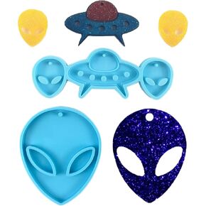 2PCS Cute Alien Spaceship Shaped Earring Keychain Silicone Mold for Epoxy Resin, Premium Fondant Molds for DIY Cake Cupcake Topper Decoration Candy Pendant Clay Craft Moulds