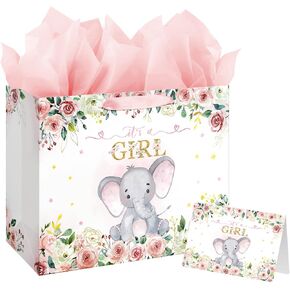 13" Large Baby Shower Birthday Gift Bag for Girl with Tissue Papers and Card Pink Floral Elephant Design with Handles