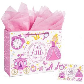 Lyforpyton Large Pink Gift Bags with Tissue Paper 12.6" Little Princess Gift Bags for Baby Girl Birthday Baby Shower