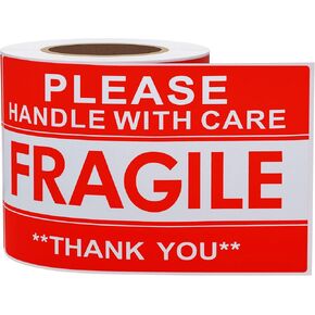 Fragile Stickers 3x5 100 PCS Shipping Labels Warning Label Rectangle Sticker, Red, Glass Handle with Care