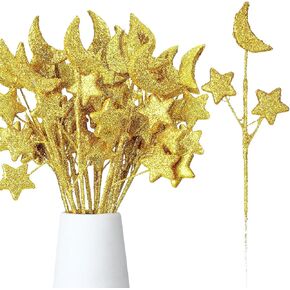 Wavwavw 24 Pcs Moon Star Floral Picks 14.5 Inch Gold Glitter Star Pick Gold Floral Picks Foam Twinkle Moon and Star Stem for Vase Decoration Ramadan Wedding Birthday Bridal Christmas 4th of July Party