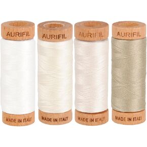 Aurifil خيط قطن مصري 80 واط، (4) 306 ياردة (280 مترًا) بكرات، الألوان: أبيض طبيعي (رقم 2021)، طباشير (رقم 2026)، موسلين (رقم 2311)، حجري (رقم 2324) in Kuwait