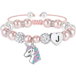 Hidepoo Unicorn Bracelet Gifts for Girls - Pink Pearl and Rhinestone Balls Heart Initial Unicorn Bracelets Jewelry Unicorn Gifts CZ Unicorn Bracelet Birthday Gifts for Girls