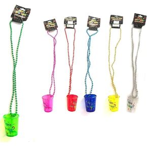 Pack of 6X Happy New Year Eve Assorted Color Party Bead Necklaces with Light Up Shot Cup