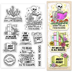 PH PandaHall Reading Book Theme Clear Stamp, 9 Pattern Books Silicone Stamp Flower Skeleton Transparent Rubber Stamp for Journal, Scrapbooking, Gift Tags, Invitation Card, Paper Crafting Photo Albums